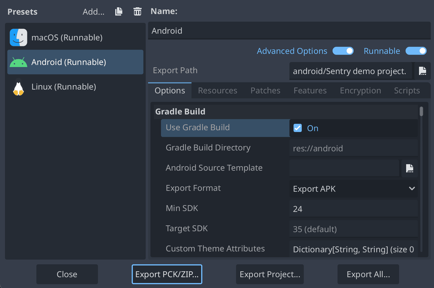 Android Export Settings