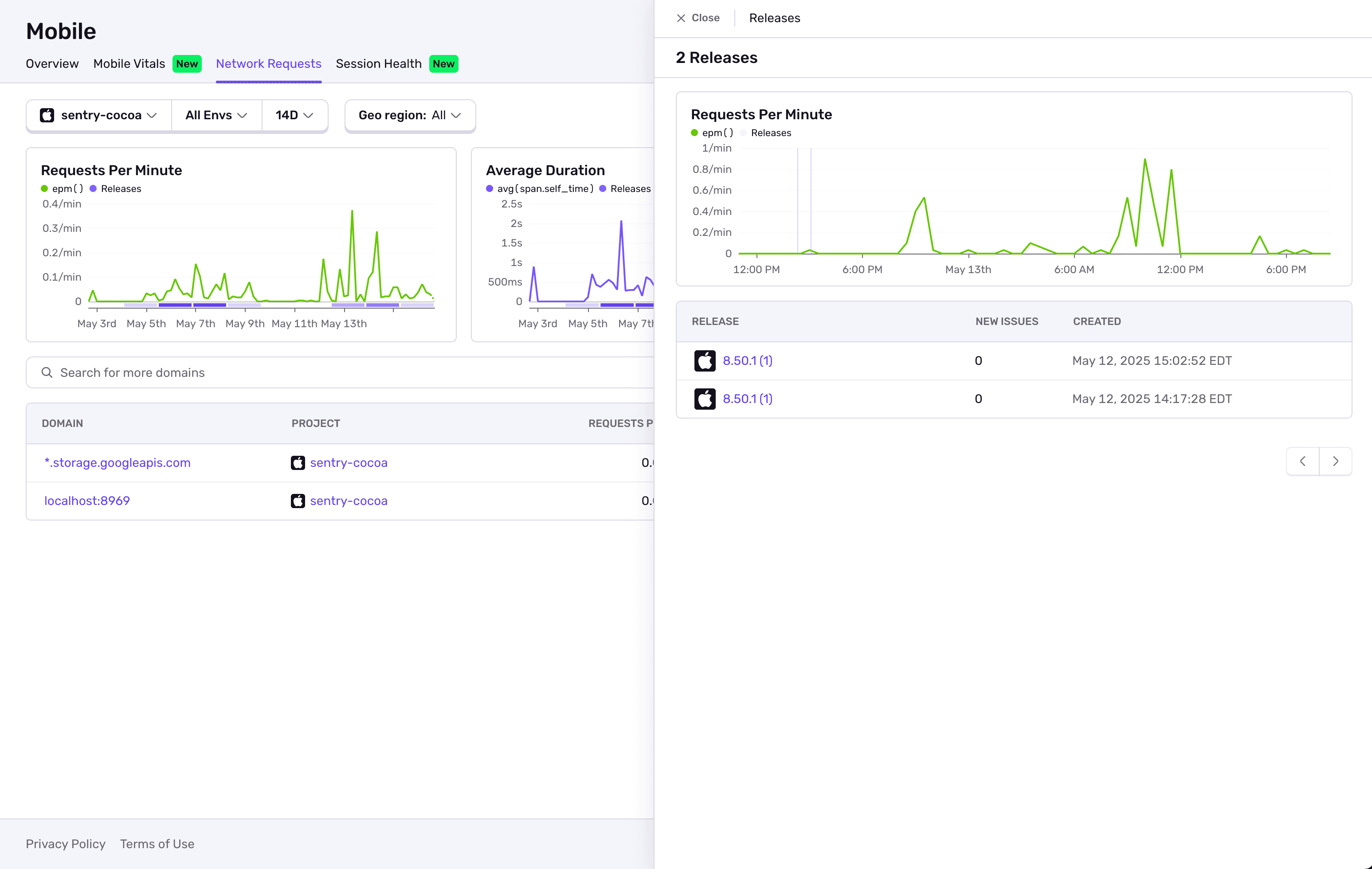 The Releases List flyout drawer with chart and table
